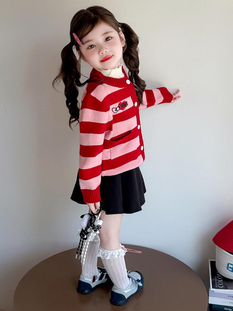 Girls' 2025 Autumn Knitted Cardigan Coat with Cat Cartoon Stripes