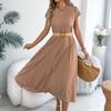 Women's Fashionable Color Round Neck Short Sleeved Casual Loose Pocket Pleated Dress