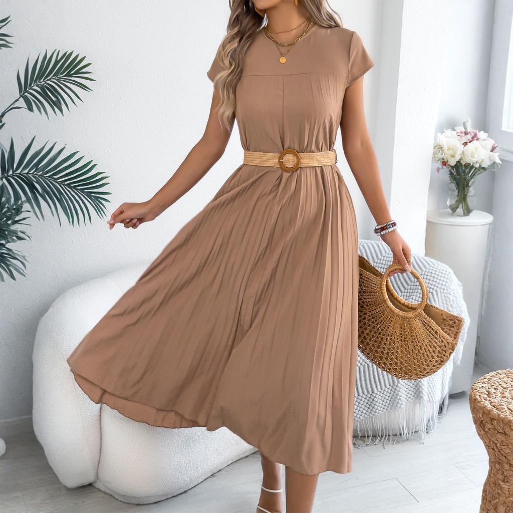 Women's Fashionable Color Round Neck Short Sleeved Casual Loose Pocket Pleated Dress
