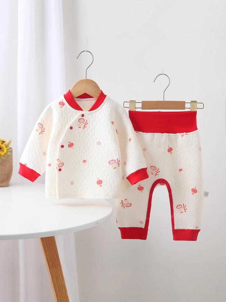 Noworodkowy Pikowany Bawełniany Zestaw Ciepłej Bielizny z Wysokim Stanem na Jesień/Zimę