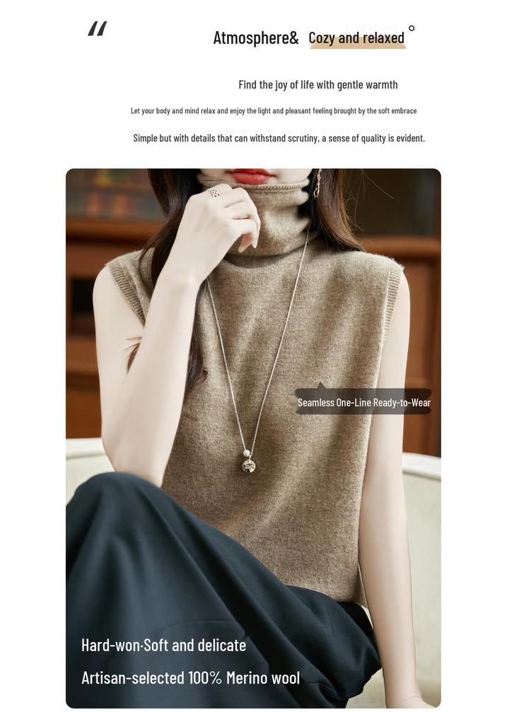 100% Pure Wool Turtleneck Sleeveless Vest for Women - Perfect for Autumn/Winter As a Knit Base Layer Top
