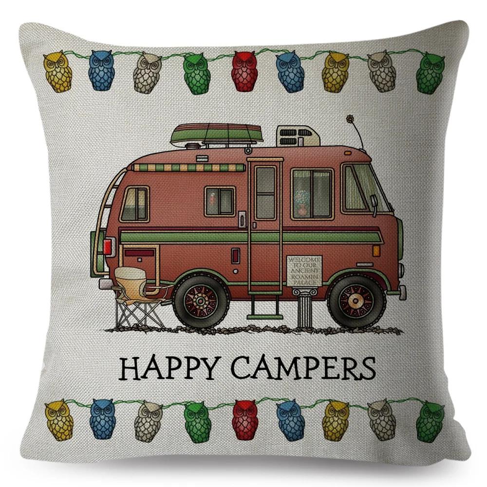 Happy Camper Pillowcase Decor Cartoon Travel Car Printed Pillow Case for Home Sofa Children Room Polyester Cushion Cover 45x45cm