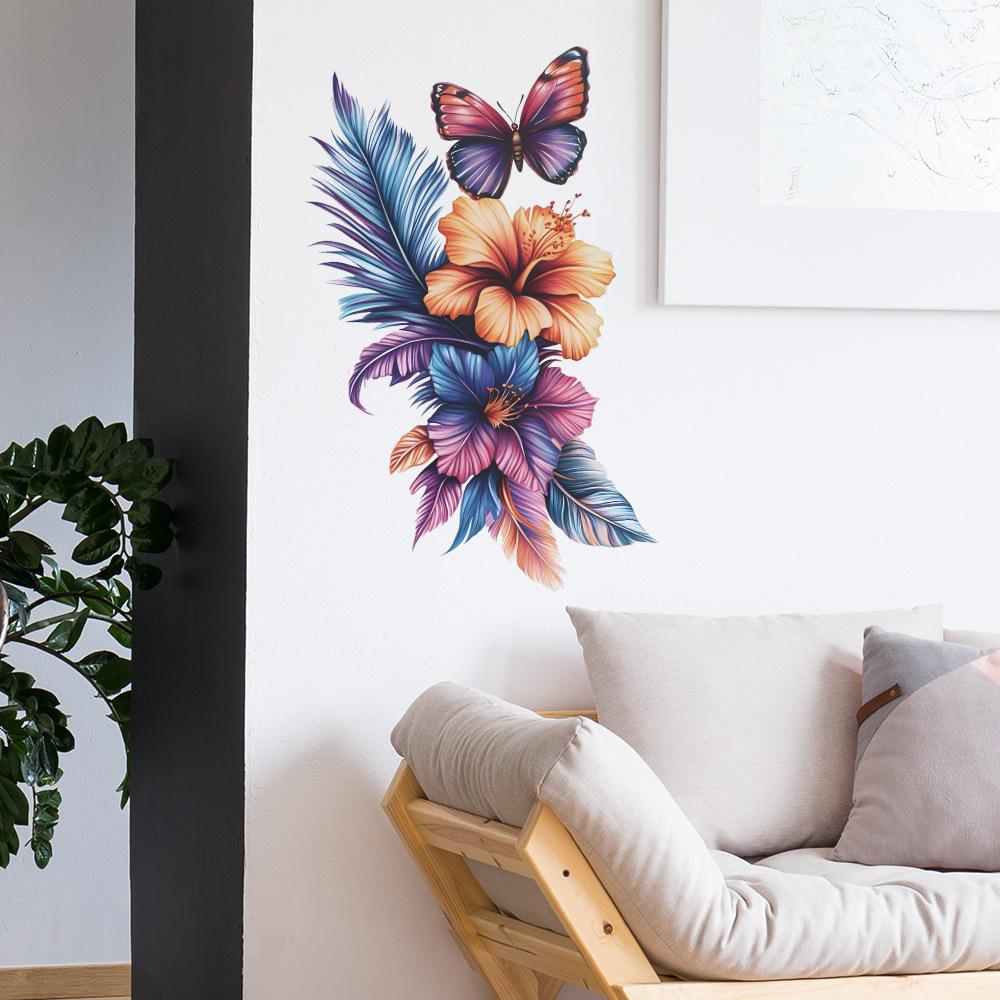 Irisierende Federn, Blumen & Schmetterlinge Wandaufkleber für Schlafzimmer Wohnzimmer Hintergrundwand Dekoration Selbstklebend Abnehmbar Heimdekoration