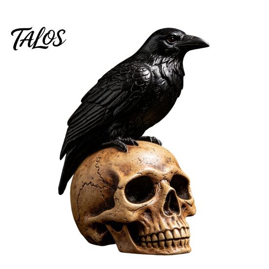Resin Skeleton Figurine Halloween Skull Figurine, Realistic Human Head Statue, Creepy Gothic Accents Crow on Sculpture for Home Tabletop Mantel Decor