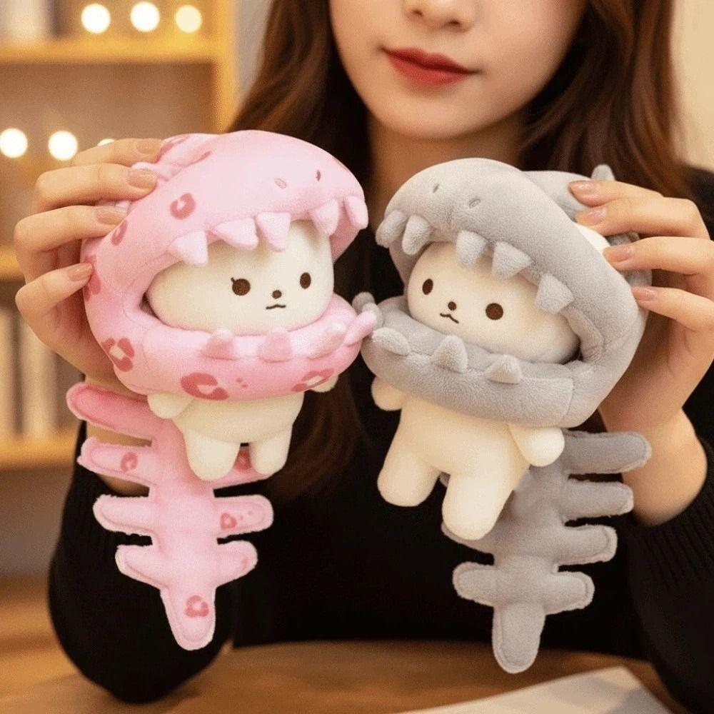 With Lanyard Dinosaur Skeleton Plush Pendant Grey / Pink Bone Design Quirky Bag Charm Safe Strap Soft Fabric Cotton Doll Clothes