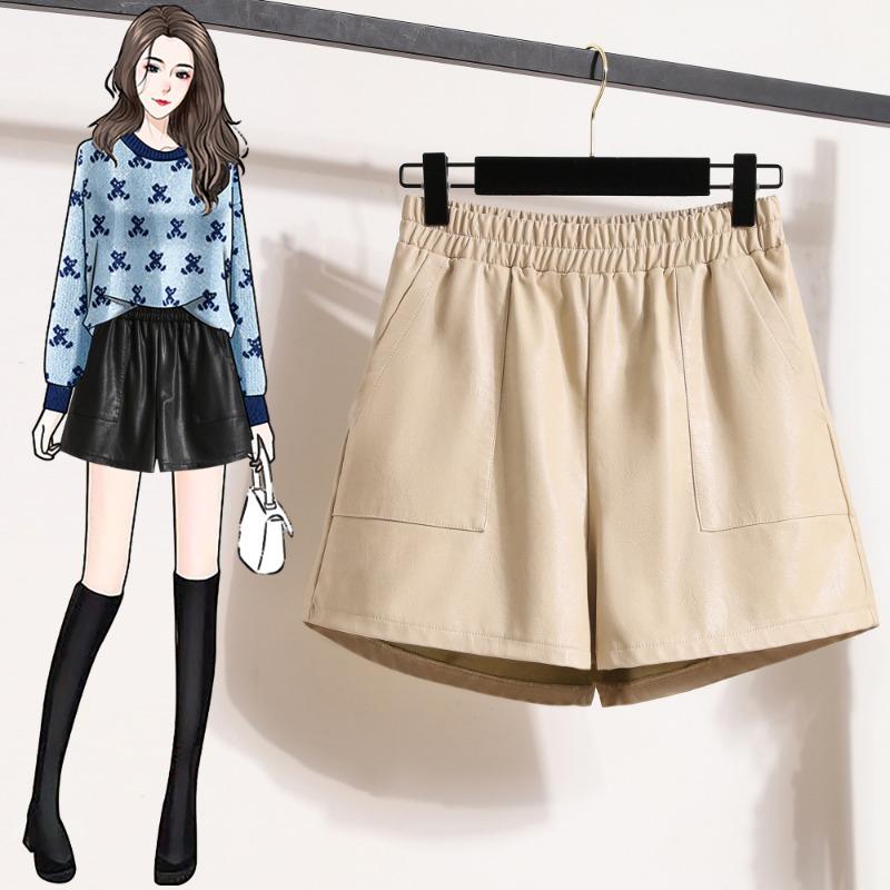 

Dimanaf 2024 Большие размеры Осенние зимние шорты женские повседневные новые ПУ кожаные однотонные свободные широкие брюки с высокой талией короткие брюки M бежевый