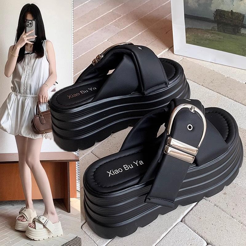

Muffin thick-soled one-word slippers women s summer new outer wear cross-strapped open-toed temperament versatile beach slippers 35