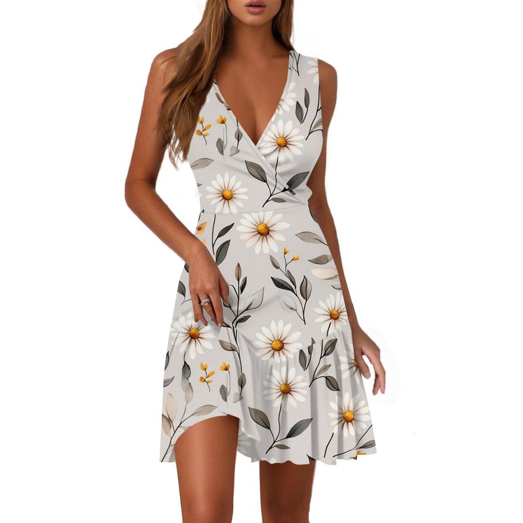 Dámské ležérní módní šaty s výstřihem do V, bez rukávů a s potiskem