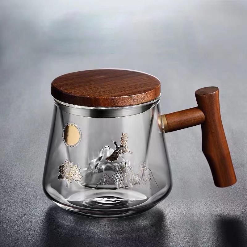 Szklany kubek do herbaty Zen Liść Bodhi 400 ml, złocony, z zaparzaczem i drewnianą rączką pokrywki, kubek do herbaty kwiatowej do biura, do oddzielania herbaty