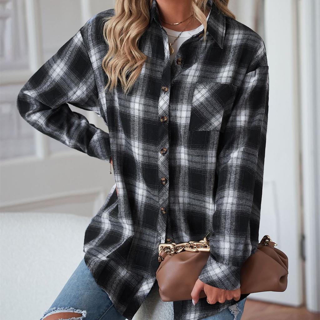 HNXC Blusas y camisas con cuello tipo POLO de manga larga con estampado a cuadros de verano informal a la moda para mujer Cárdigan