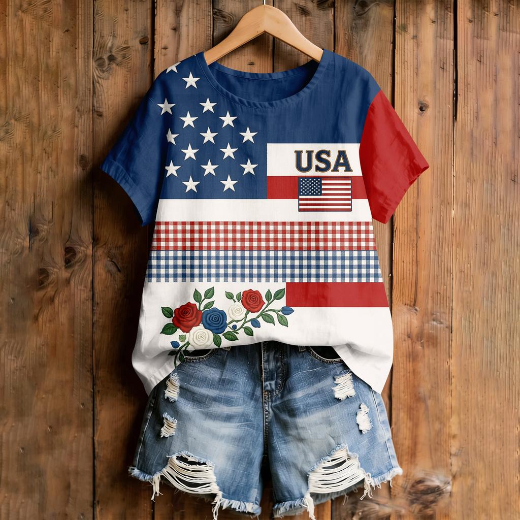 Women's American Floral Patchwork Print Casual T-Shirt 250Th Anniversary USA Shirt Patriotic Tshirt