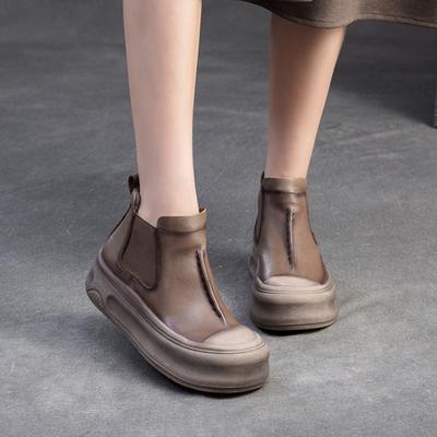 Genuine Leather Flat Platform Shoes Versatile Round Toe Comfortable Thick Soled Women's Ankle Boots