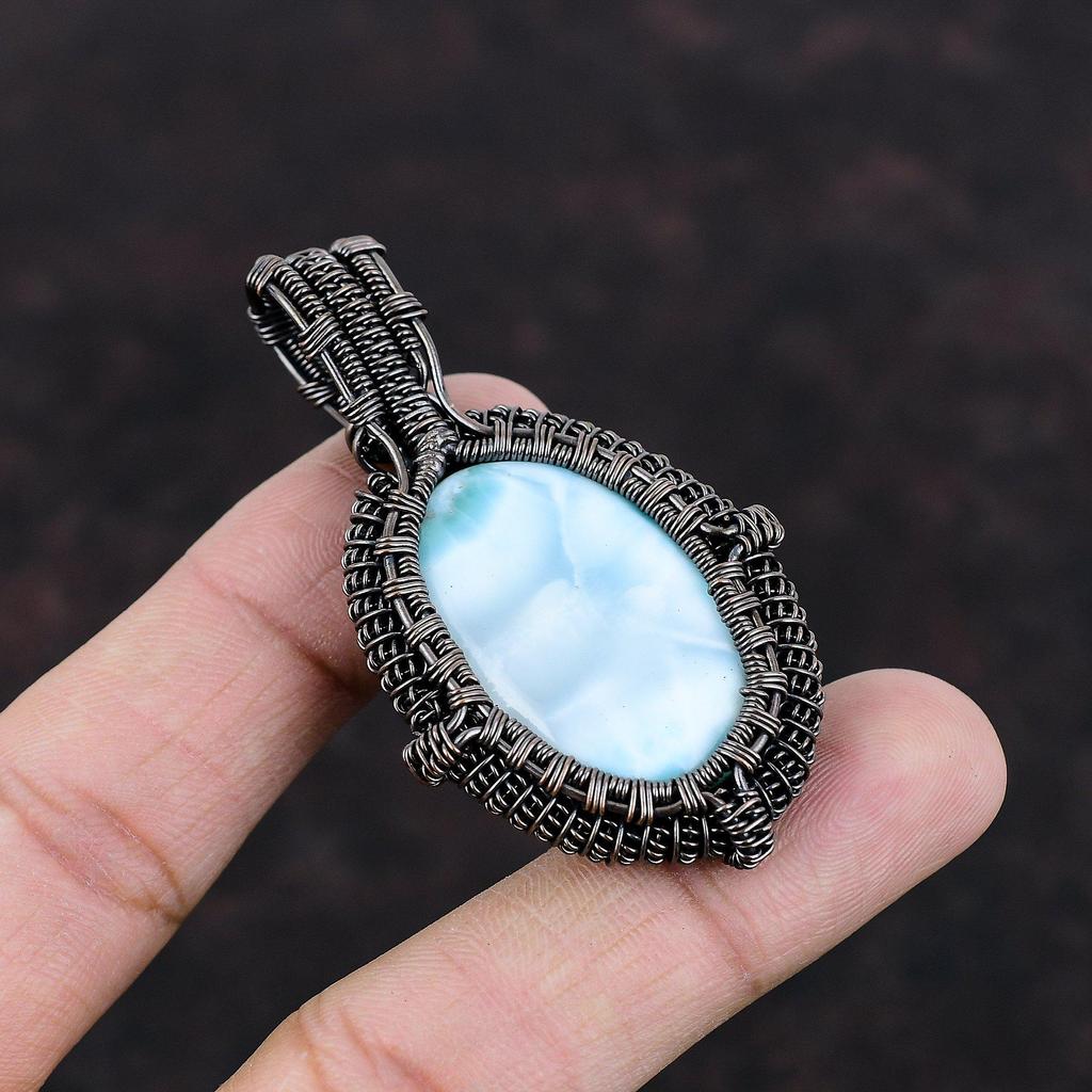 Larimar Anhänger Kupferdraht gewickelter Anhänger Handgefertigter Schmuck Neuestes Design Anhänger Kupferschmuck Höchste Qualität Edelsteinanhänger Geschenk für Ihn