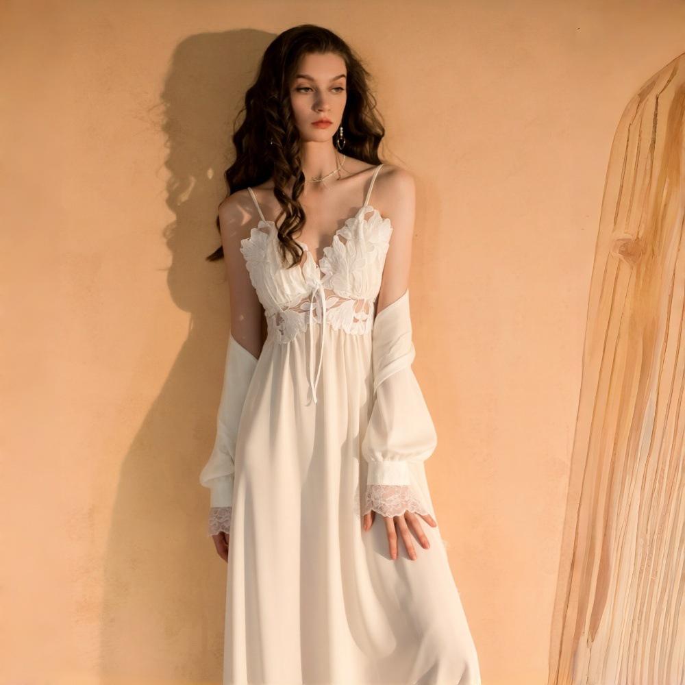 French Romantic Lace Nightgown & Silk Robe Set - High-End Elegant Homewear