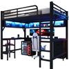 Metall-Hochbett für Gaming (140 x 200 cm) mit Bücherregal, Schreibtisch, Schrank, USB- und LED-Beleuchtung, schwarz