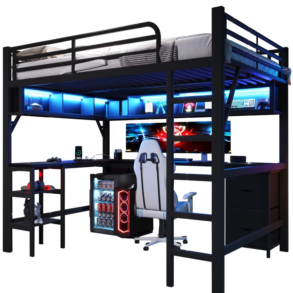 Metall-Hochbett für Gaming (140 x 200 cm) mit Bücherregal, Schreibtisch, Schrank, USB- und LED-Beleuchtung, schwarz
