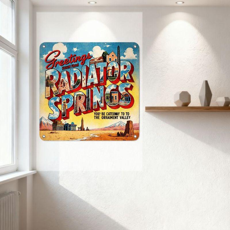Vintage Greetings from Radiator Springs Metal Tin Sign with Desert Landscape Art, Route 66 Style Wall Decor for Home Bar Man Cav