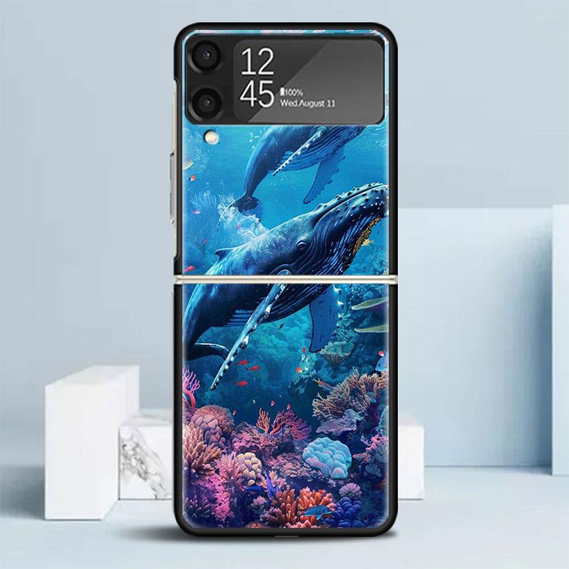 Humpback Whale Sea Giant Black Cover for Samsung Galaxy Z Flip 7 6 5 4 3 5G Phone Case Flip7 Flip6 Flip5 Flip4 Flip3 Pattern Cas