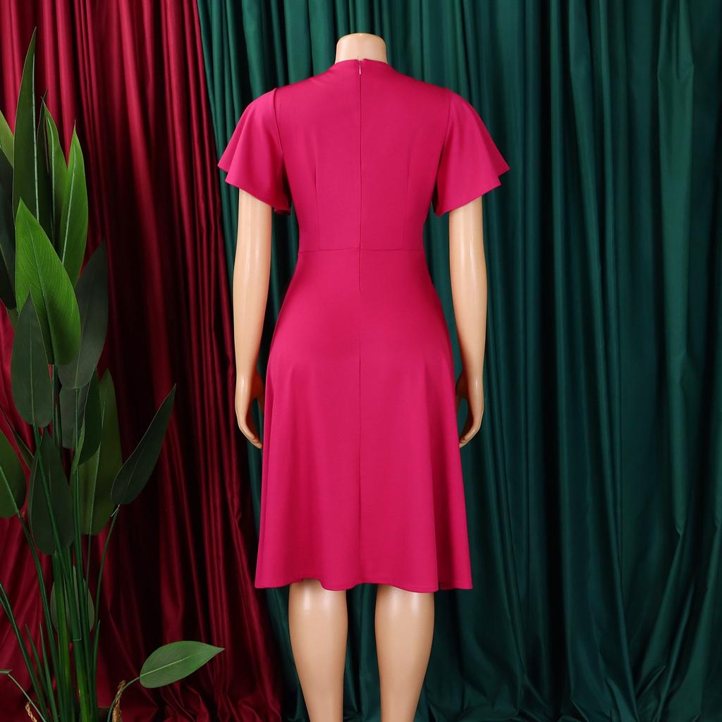 Office Ladies Dresses Short Sleeve Plus Size Xxxl Pleated Mid Calf Fashion Professional Female Dress