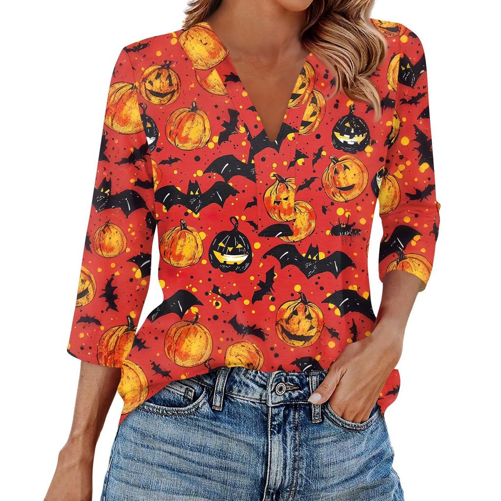 Damenmode Lässig Revers 3/4 Ärmel Halloween Print Hemd Damen V-Ausschnitt Oberteile
