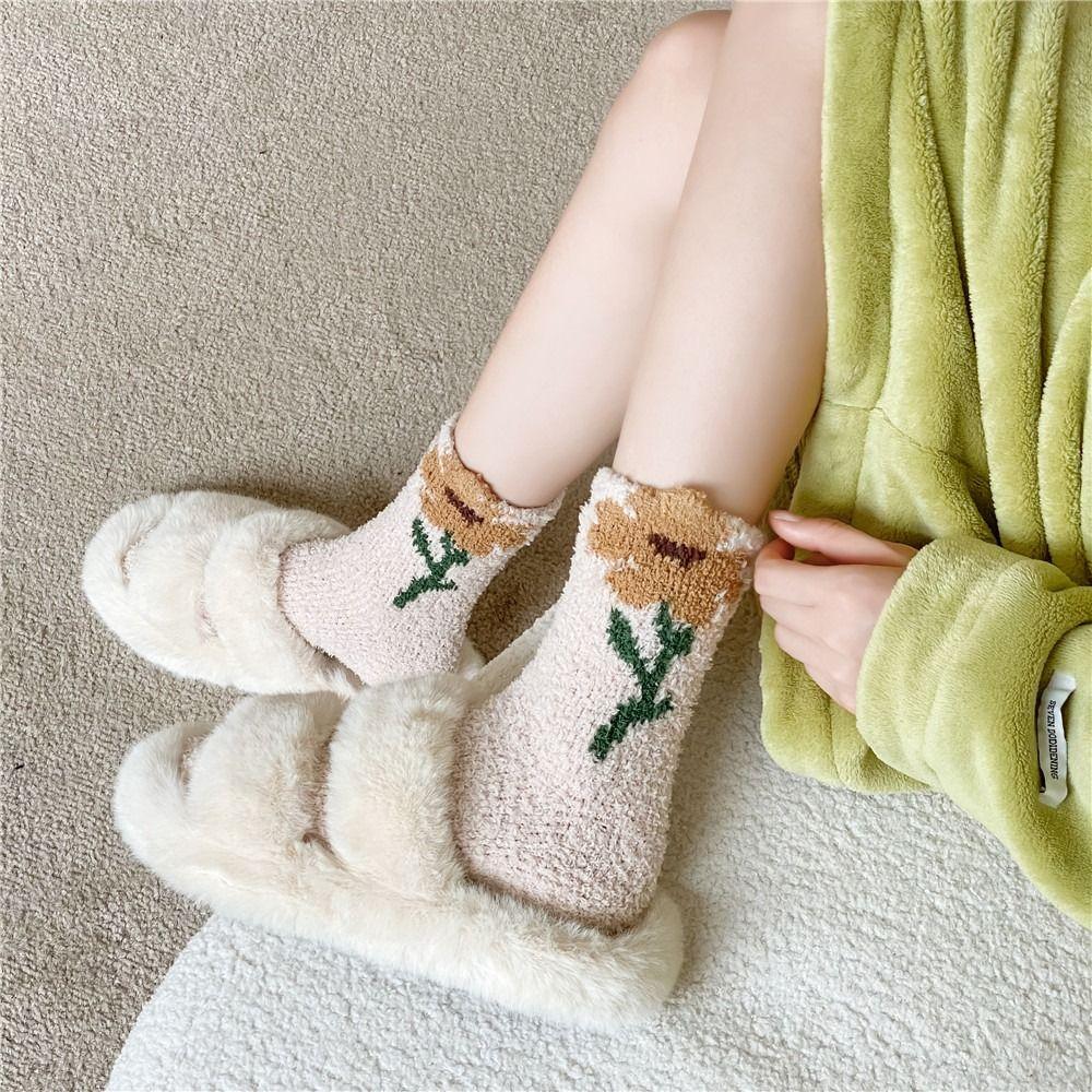 6Pairs Thickened Coral Fleece Socks Flower Warm Socks Women Floor Plush Socks For Female Men