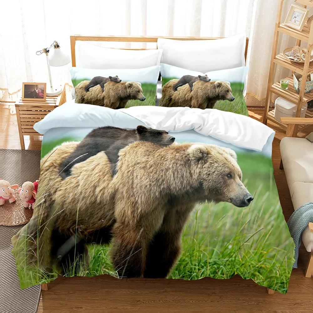 Print with Soft Fabric Duvetcover&2pcs Pilowcase Bear Bedrom Set Beding 2/3 Pcs Bed Cover Set Animal Series Double Bed Linens 10% Polyester