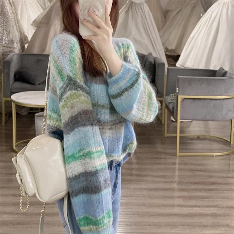 Gentle Wind Color Collision Striped Sweater Female Thin Sweater Early Fall and Winter Wear Top Sweet Pullover Tide