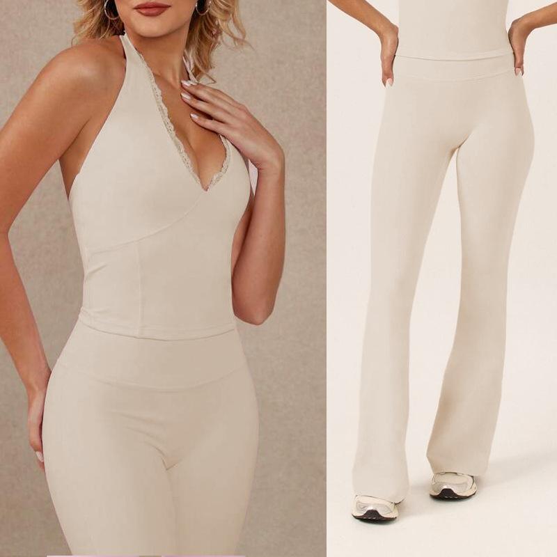 Yoga Pants Set Lace Splicing Neck Top Women's High Waist Flared Pants Running Sports Fitness Set