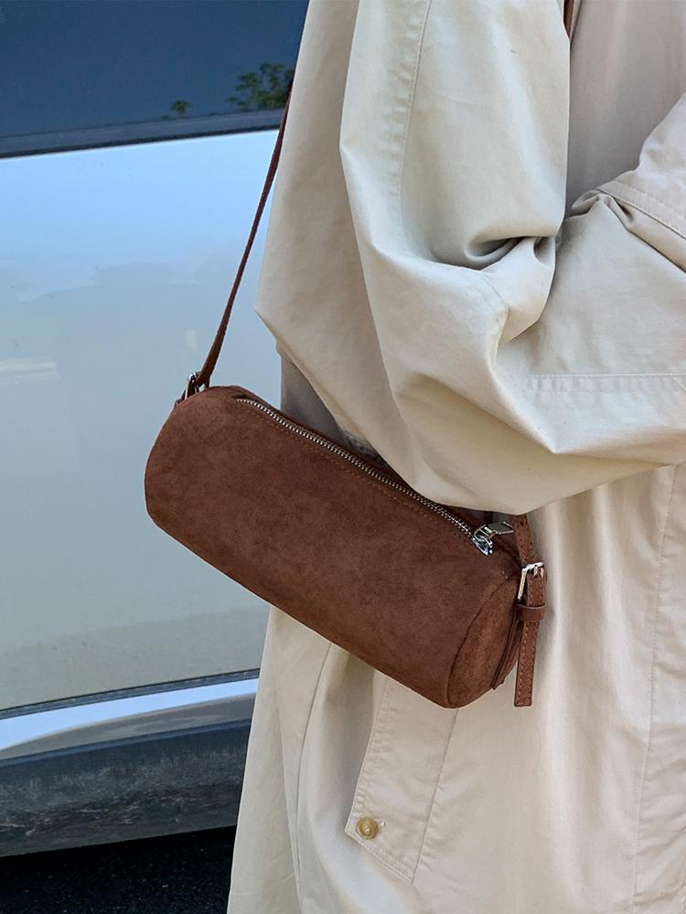 Solid Color Suede Frosted Cylindrical Bag Fashion Large Capacity Women Shoulder Bags Trendy Commuting Shopping Crossbody Pack