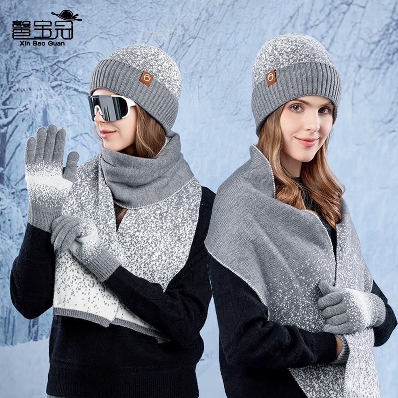 Winter hat, gloves, scarf, three-piece set, outdoor cold-proof and warm pullover hat, fleece ear protector, knitted wool hat for women
