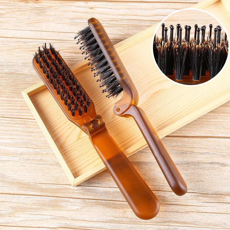 Portable Folding Boar Bristle Hair Comb for Ladies' Curly Hair Styling