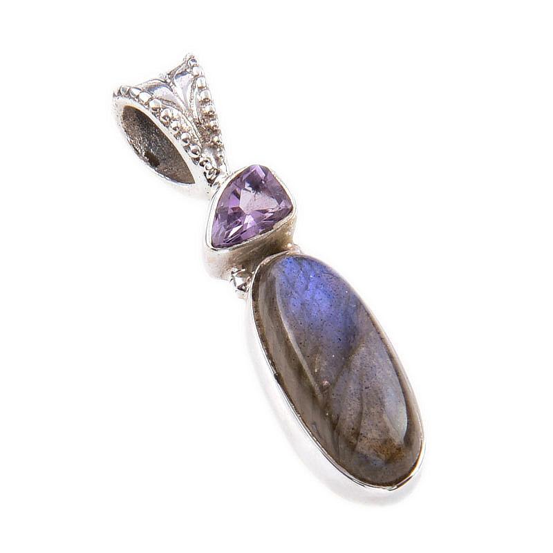 Labradorit Natural, Ametist Roz Argint Sterling Solid 925 Pandantiv 1.25'' v9P80