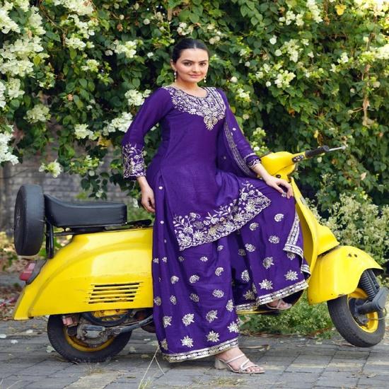 Regal Purple Embroidered Silk Suit with Matching Dupatta