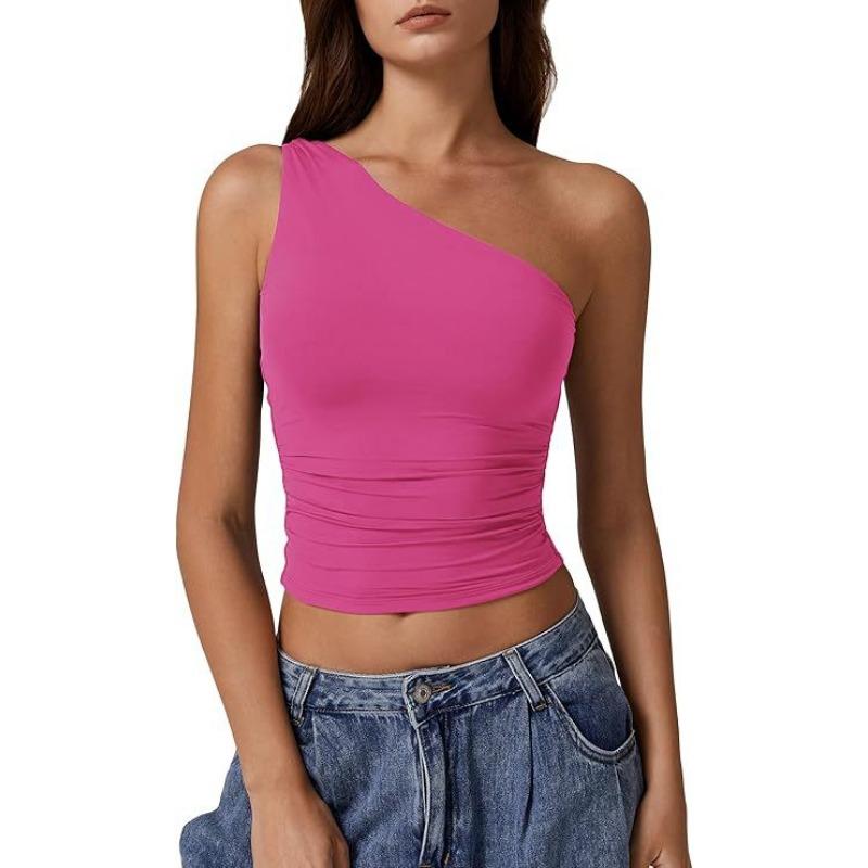 Women Summer One Shoulder Solid Slim Fit Cropped Tank Top