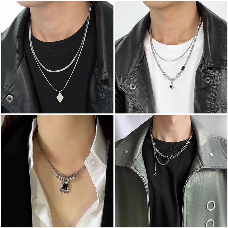 Men's Durable Titanium Steel Cuban Chain Necklace with Zircon Pendant