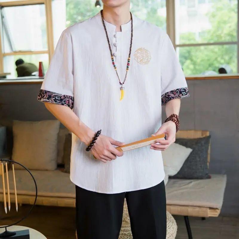 Camiseta de Linho Estilo Chinês com Botão de Disco Masculina Verão Manga Curta Camisa Tang Solta Tamanho Grande Camiseta Kimono Japonês Masculino Novo
