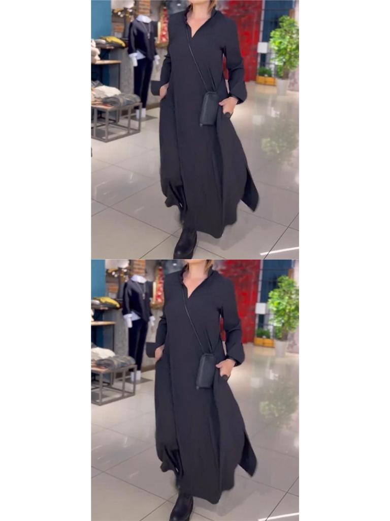 2026 Autumn/Winter European American Casual Solid Color V-Neck Long Sleeve Dress for Women