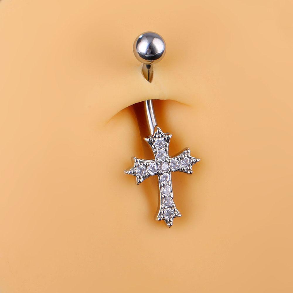 Rhinestone Cross Belly Button Ring Curved Bar Navel Piercing Jewelry Stainless Steel Belly Stud