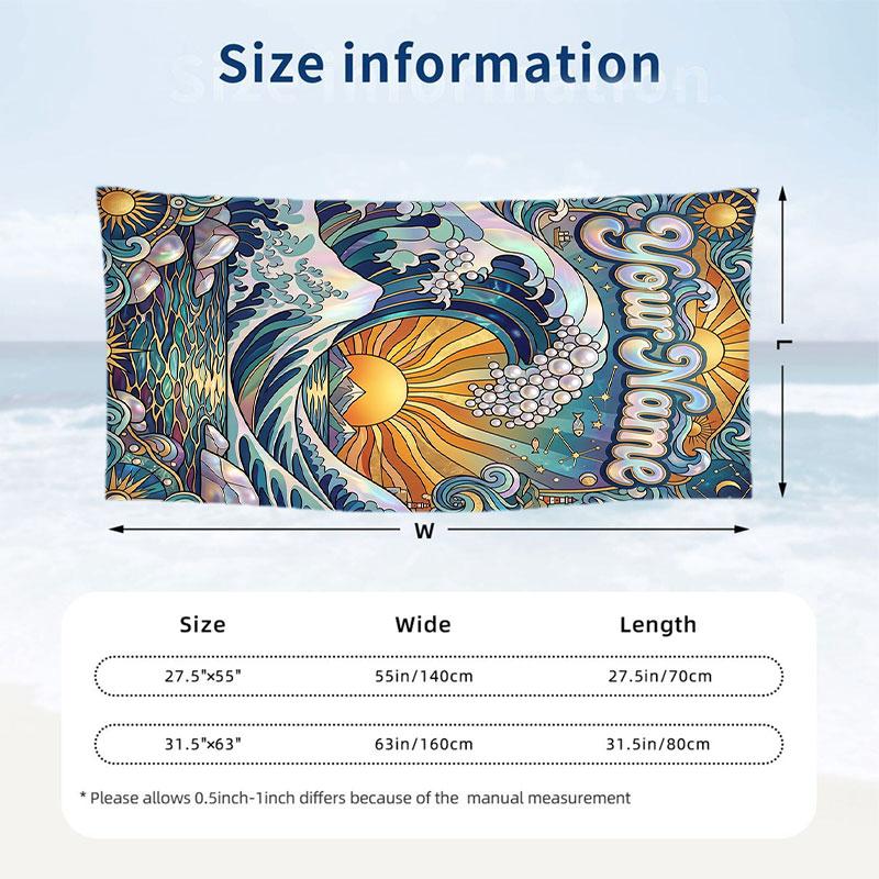 Ocean Waves Sun Theme Quick Dry Beach Towel Custom Name Text Print Large Sand Resistant Towel Beach Vacation