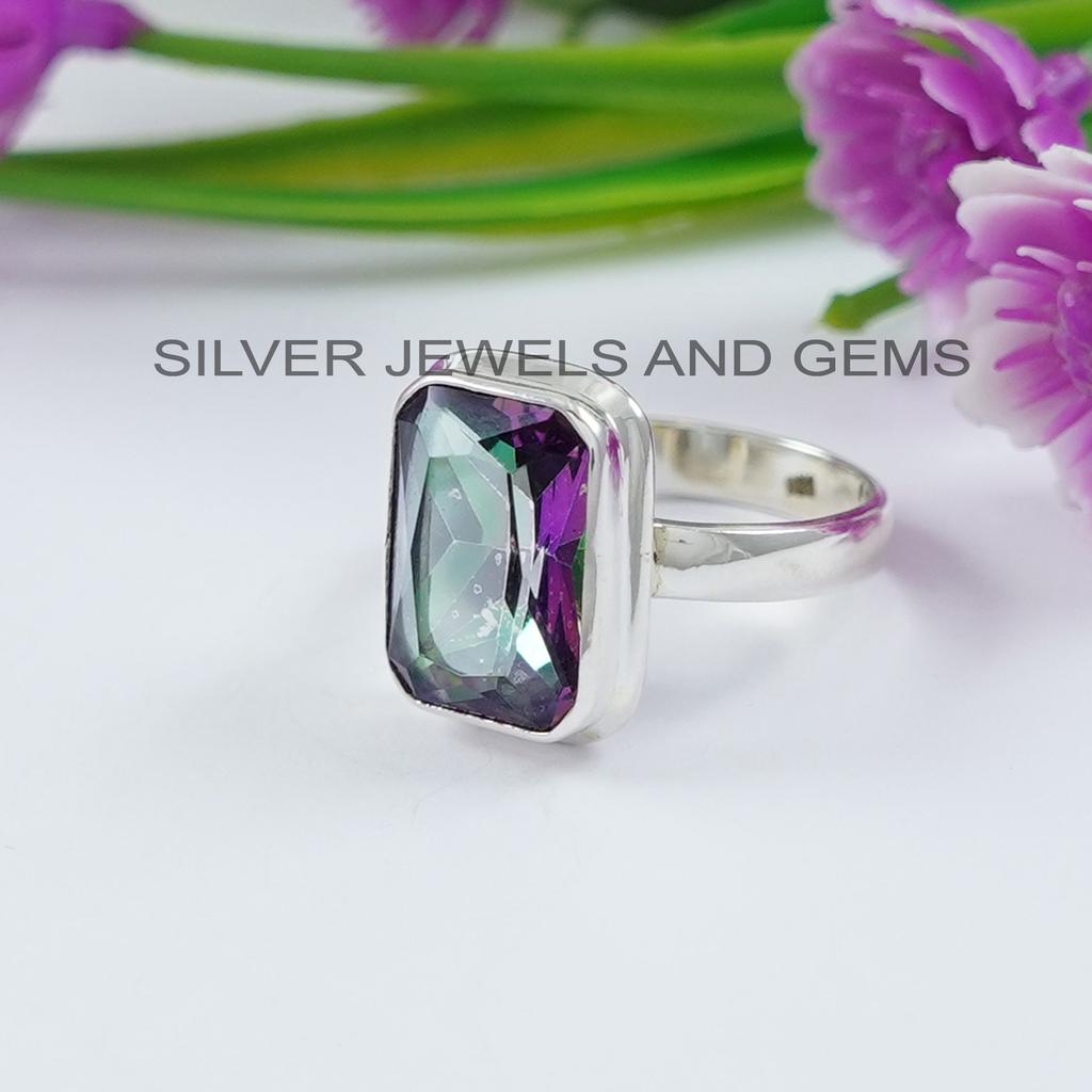 Handmade Mystic Topaz Ring: Rectangle 925 Sterling Silver Ring