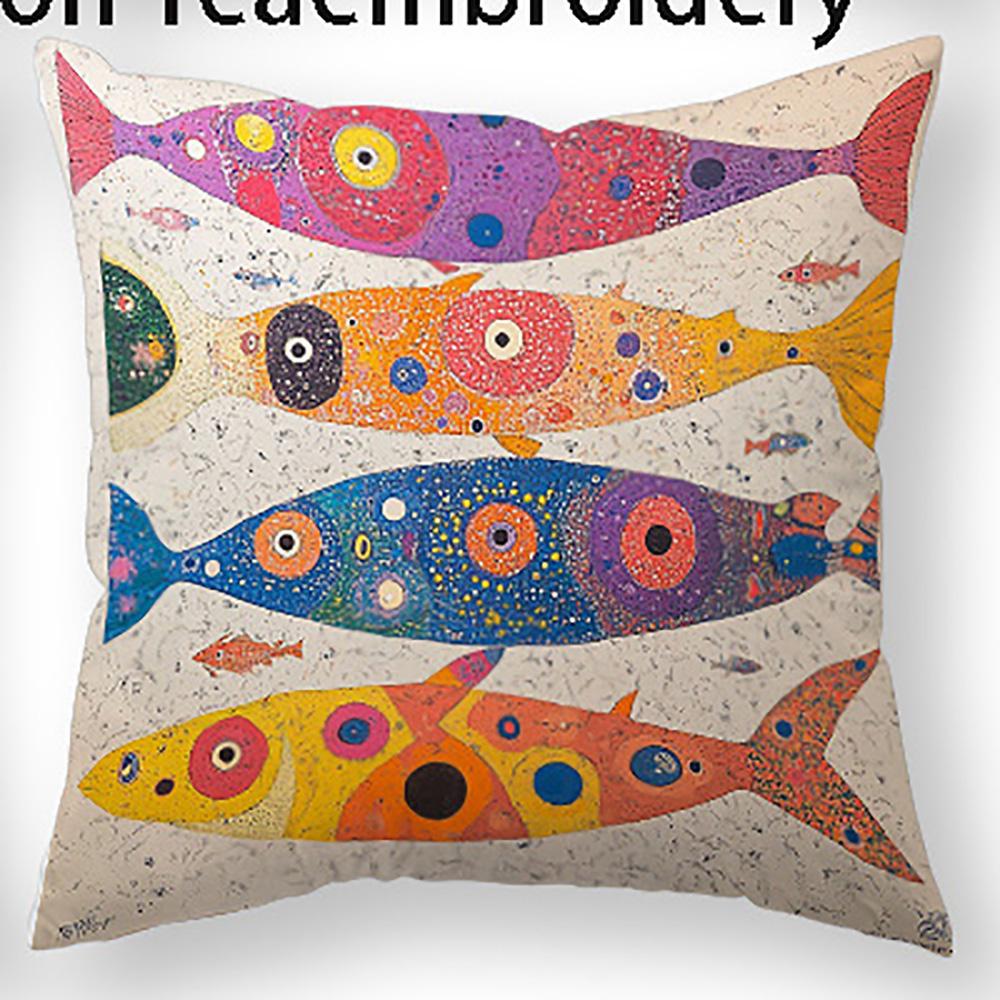 1/4pcs 2D Flat- Boho Folk Art Colorful Fish Print Square Throw Pillow Cover Home farmhouse outdoor decoration cushion cover