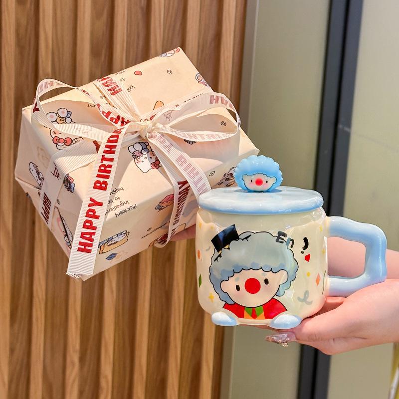 Cute Funny Clown Cup Girl Birthday Gift Couple Ceramic Mug with Lid Spoon Office Breakfast Cup