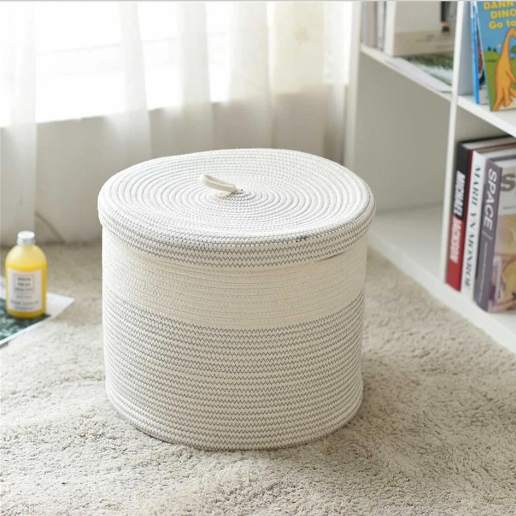 Cotton Rope Storage Basket with Lid Large Capacity Collapsible Laundry Storage Bag Organizer for Living Room Bedroom Kids Toys