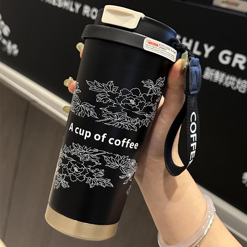 New Stainless Steel Lily of the Valley Coffee Cup High Value Thermal Insulation Cold Coffee Cup Rope Portable Double Drink Straw Cup