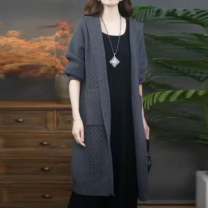 Stylish Plus Size Hooded Cardigan: Mid-Length Knit Sweater Coat for Moms (Autumn/Winter)