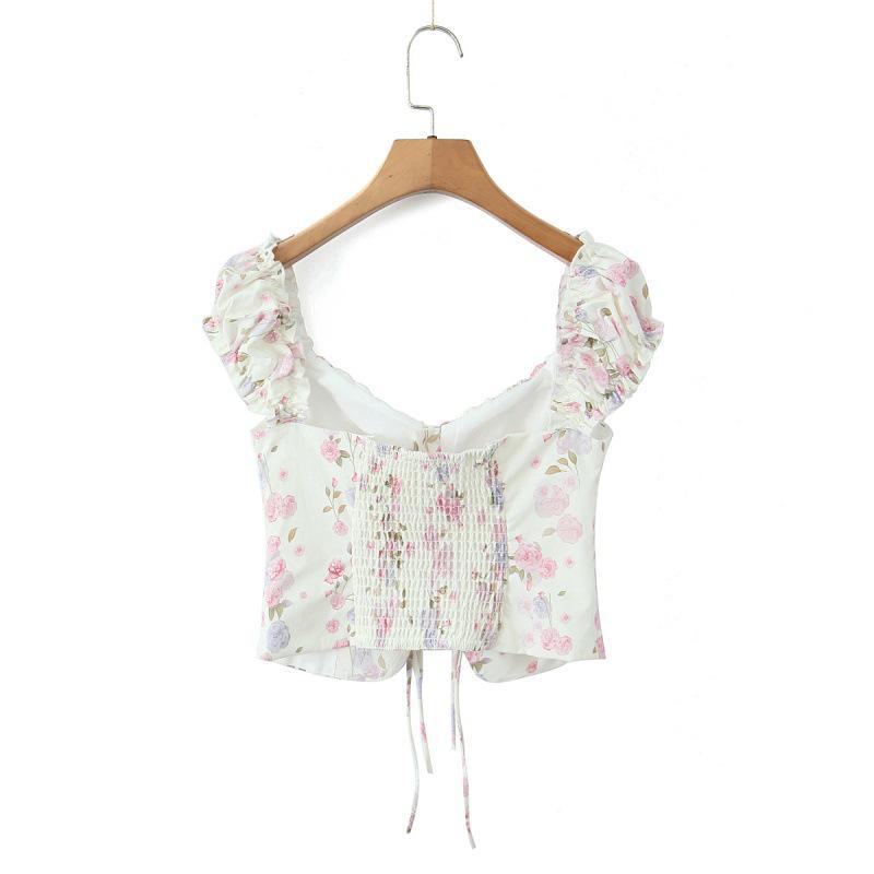 2025 Women's Cross-border European & American Lace-up Printed Smocked Camisole Vest
