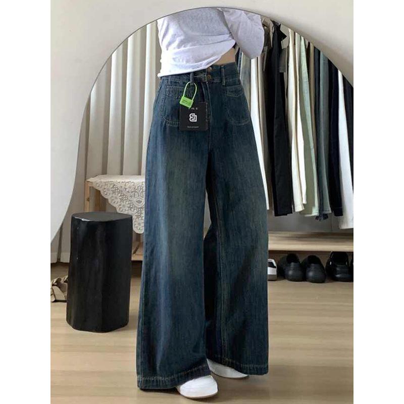 Plus Size Vintage High-Waist Straight Leg Jeans for Women - Autumn/Winter Loose Wide Leg Floor-Length Pants