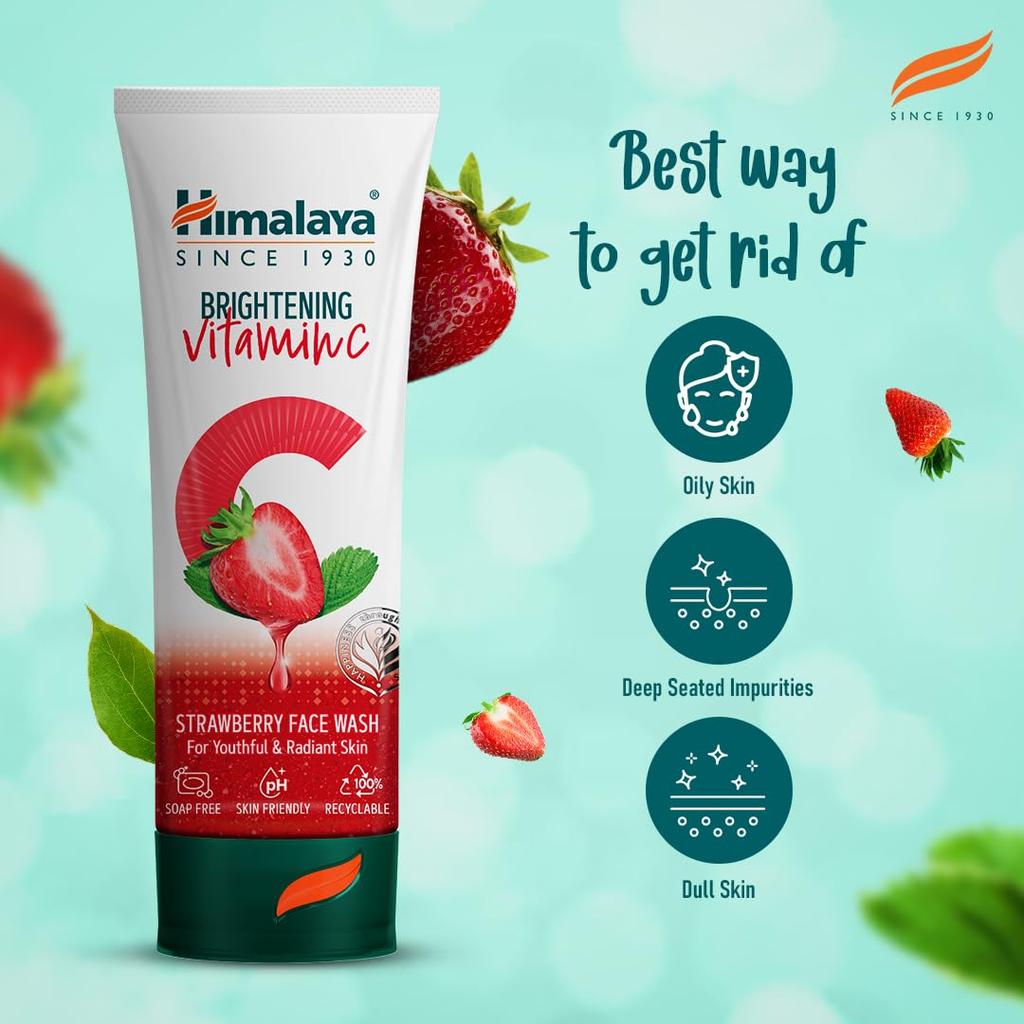 Himalaya Brightening Vitamin C Strawberry Face Wash 50ml Single Pack For Glowing Skin Care