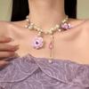 Elegant French Fabric Flower & Pearl Necklace: Glass Beaded Vacation Sweater Chain