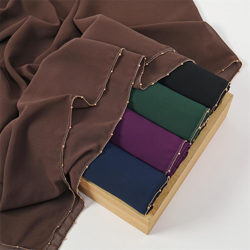 70*180cm Muslim Chiffon Hijab Shawls Scarf Women Solid Color Golden Chain Edge Head Wraps Women Hijabs Scarves Femme Muslim Veil